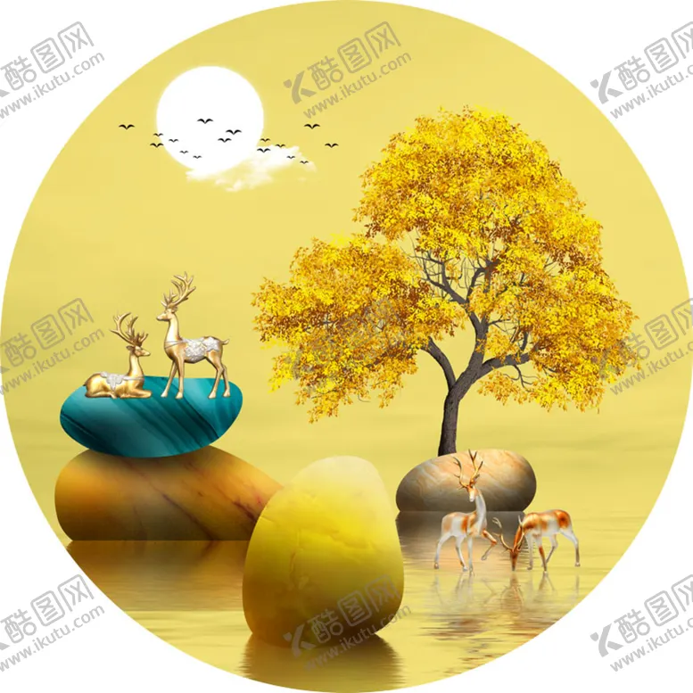 编号：27256211150813438942【酷图网】源文件下载-发财树鹅卵石高清艺术挂画装饰画