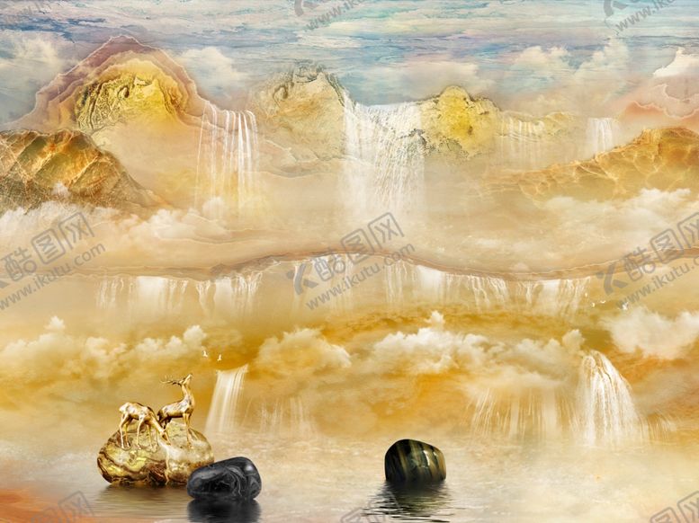 编号：36042605070107115484【酷图网】源文件下载-金色麋鹿流水生财背景