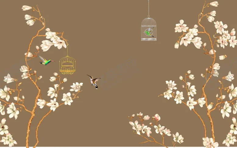 编号：75287709101707159608【酷图网】源文件下载-工笔花鸟背景墙装饰画