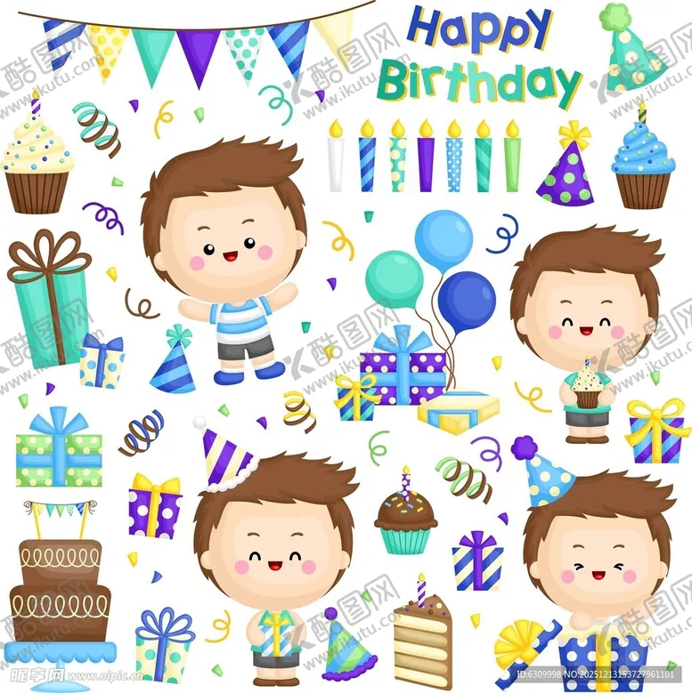 编号：54826512200154213530【酷图网】源文件下载-男孩生日派对元素集合