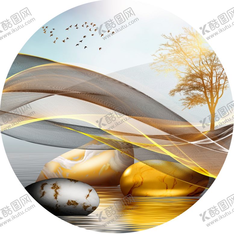 编号：96626212011239358596【酷图网】源文件下载-水墨风景画鹅卵石圆形挂画装饰画