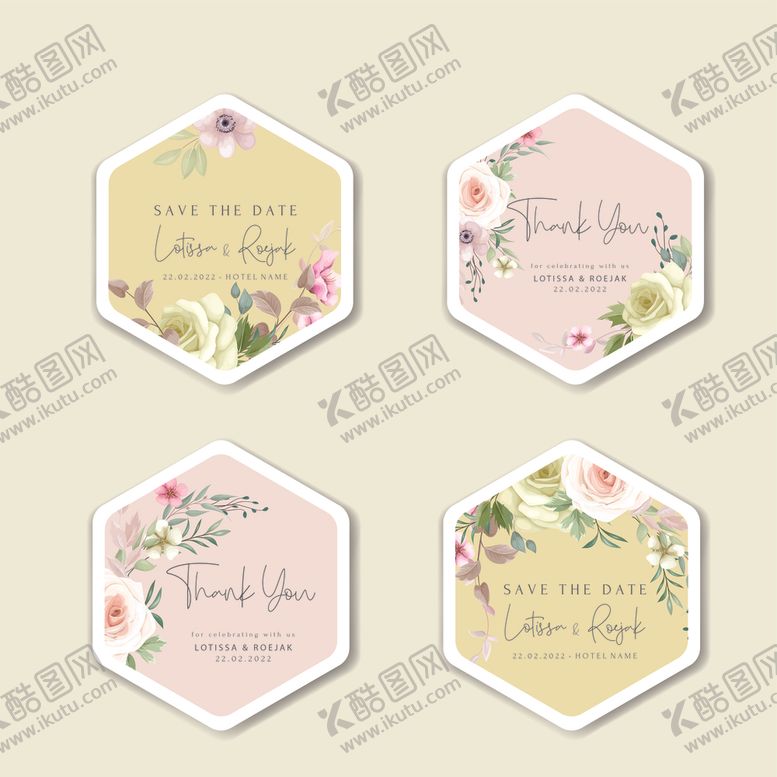 编号：67059710221521407788【酷图网】源文件下载-花卉装饰六边形婚礼卡片