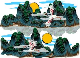 水墨山水间的仙鹤与明月