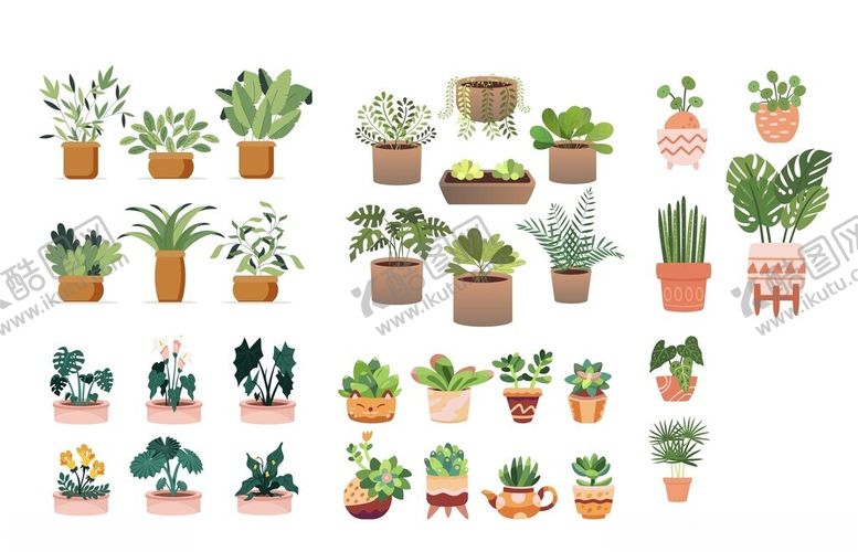编号：12018609261213431327【酷图网】源文件下载-多样盆栽植物插画集合
