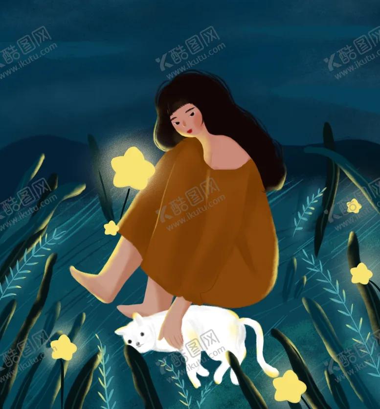 编号：80970506252032555298【酷图网】源文件下载-治愈系女孩和小猫插画