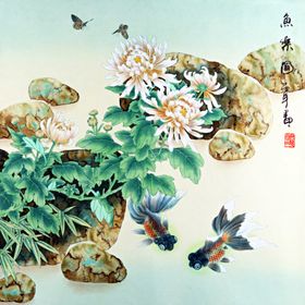 合层中式鱼画装饰画玄关屏风电视