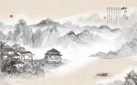 新中式水墨山水情电视背景墙