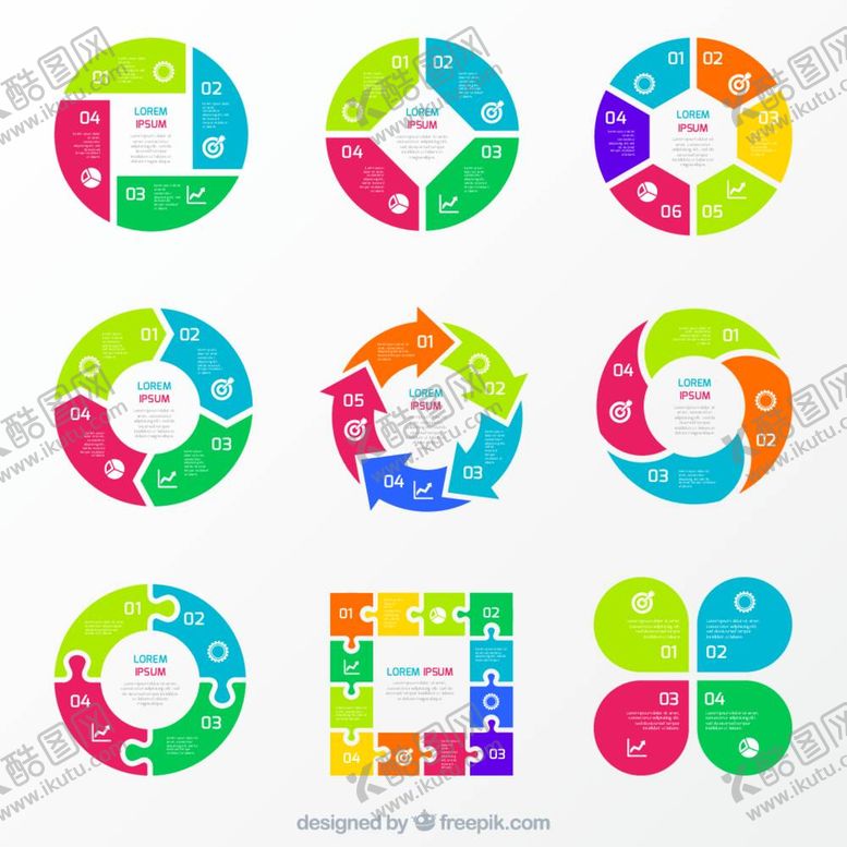 编号：57879412040404302549【酷图网】源文件下载-9款创意拼色商务信息图矢量图