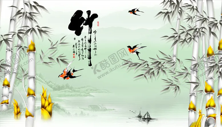 编号：85227304170447045336【酷图网】源文件下载-浮雕花竹子飞鸟小船背景墙