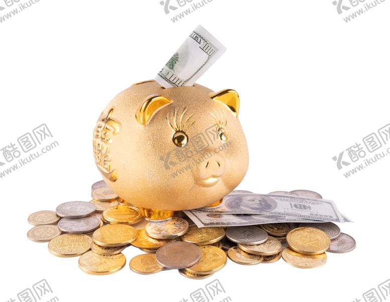 编号：64053804012035337116【酷图网】源文件下载-金猪存钱罐与散落的钱币png