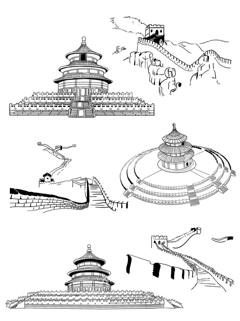 编号：20897412230637194849【酷图网】源文件下载-天坛长城线稿插画