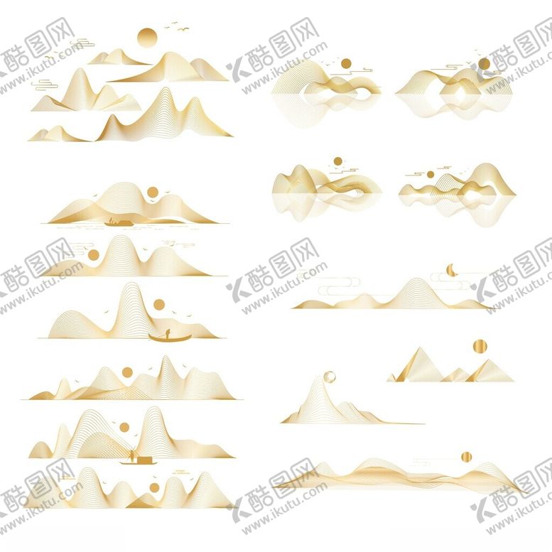 编号：73579405241432558452【酷图网】源文件下载-一组中国简约金色线条山水失量