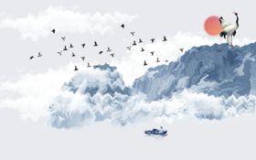 水墨画太阳仙鹤背景墙