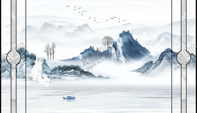 编号：88336903151930086069【酷图网】源文件下载-水墨山水瀑布小船树水波纹造型背