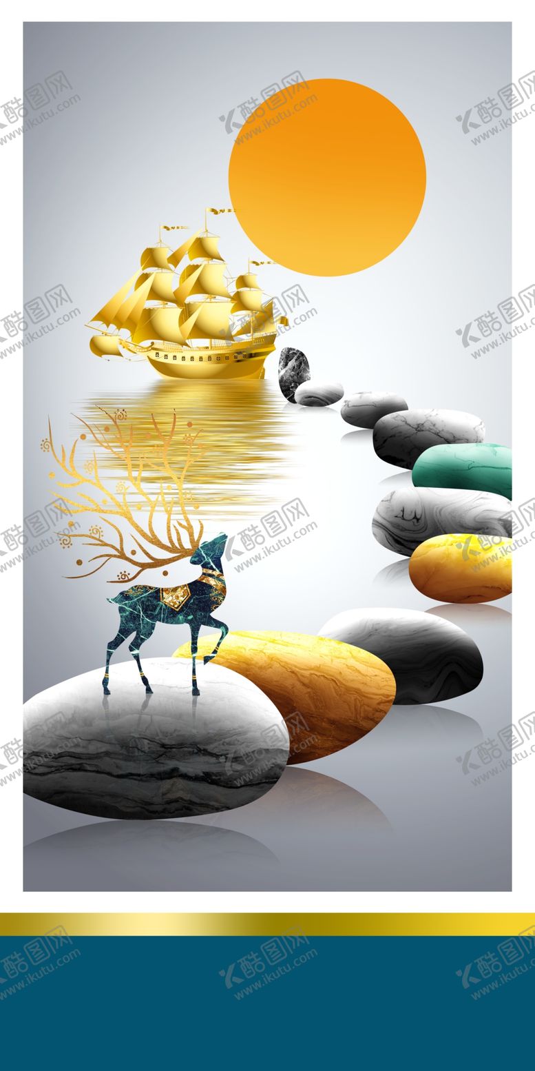 编号：16288601230737127013【酷图网】源文件下载-麋鹿帆船山水石来运转装饰画玄关
