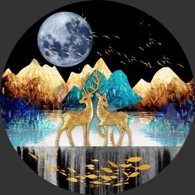 金色麋鹿山水圆形装饰画