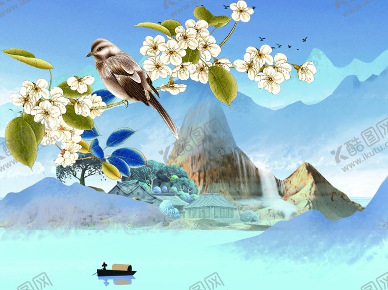 编号：78346609270847098652【酷图网】源文件下载-山水清新复古国风墙贴壁纸素材