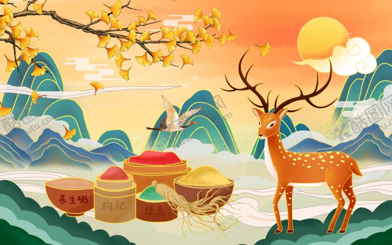 编号：34198510150226396890【酷图网】源文件下载-梅花鹿食物国风合成海报素材