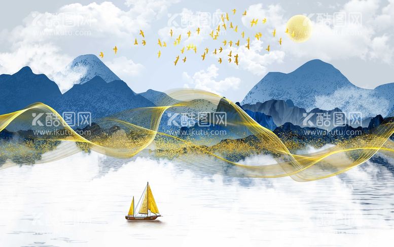 编号：69240710171415233723【酷图网】源文件下载-蓝色水墨山水画