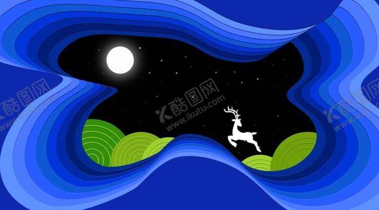 编号：67364909102257498804【酷图网】源文件下载-鹿-蓝色剪纸风