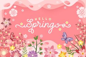 你好春天花卉绿叶背景图