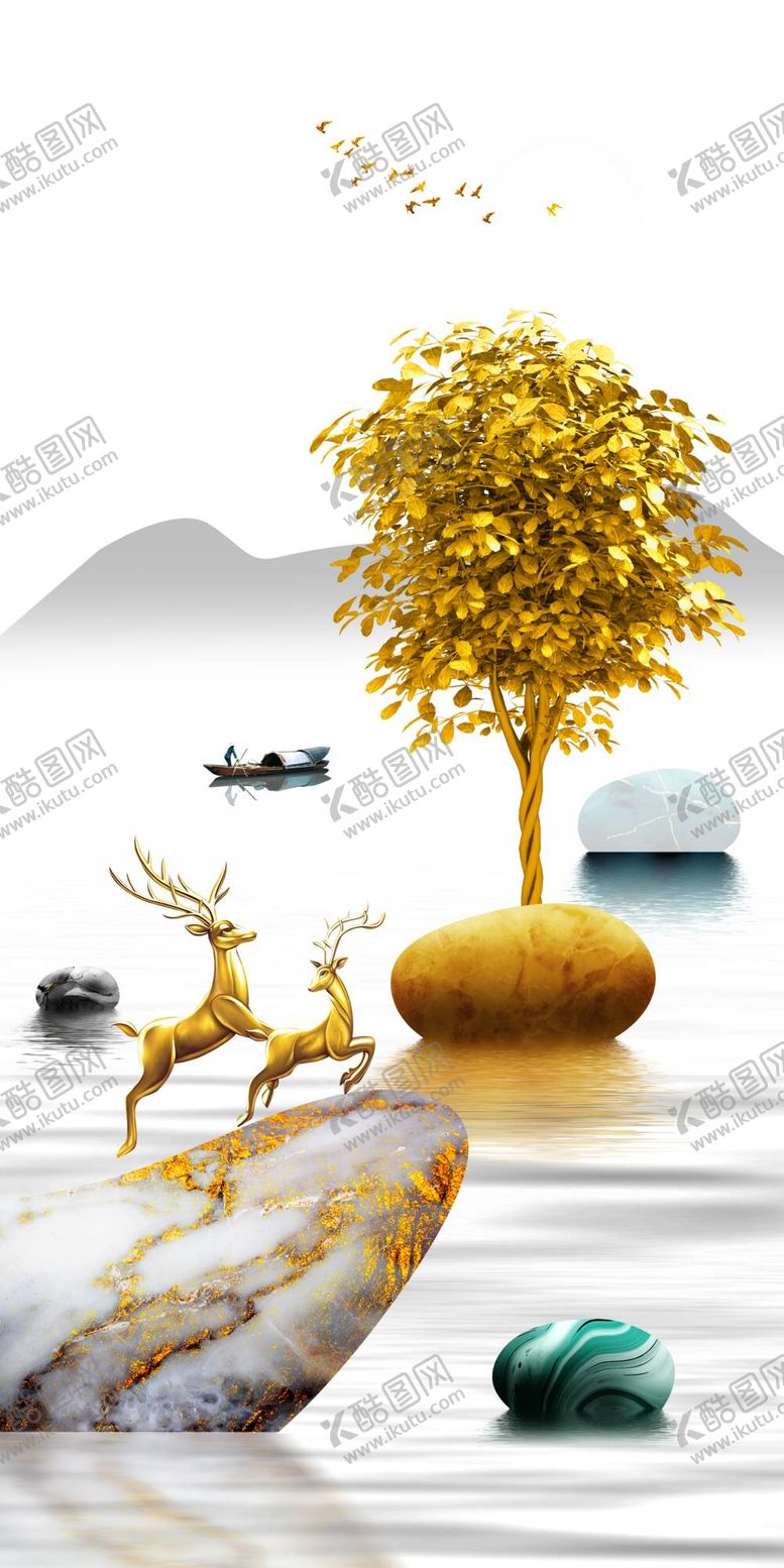 编号：20375610020448449234【酷图网】源文件下载-湖泊发财树高清装饰画挂画