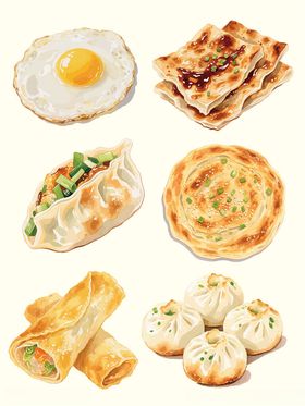 多样中式早餐手绘水彩美食展示