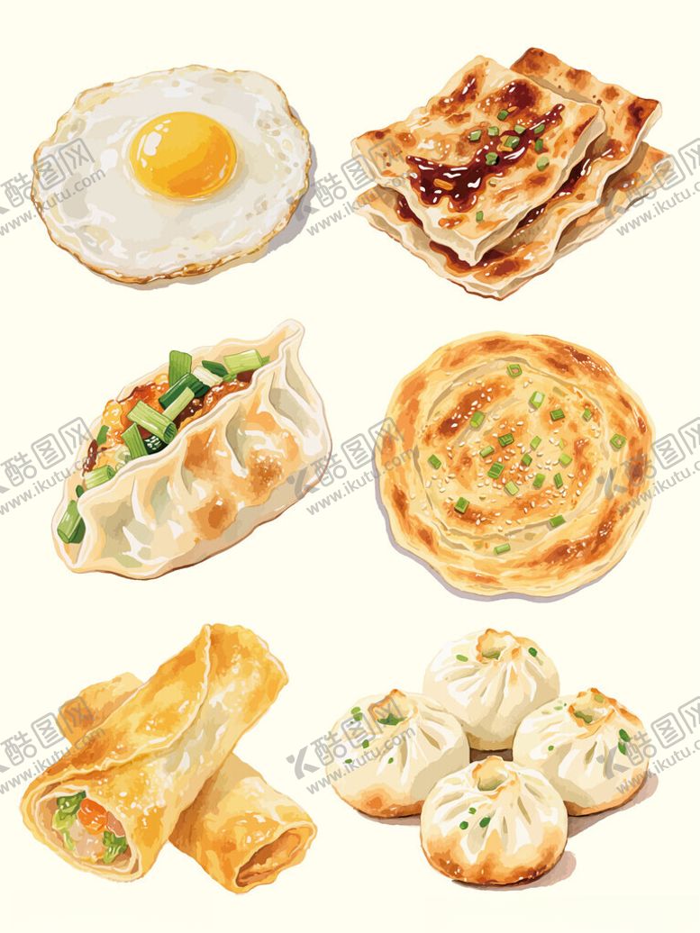 编号：45490905240905122169【酷图网】源文件下载-多样中式早餐手绘水彩美食展示