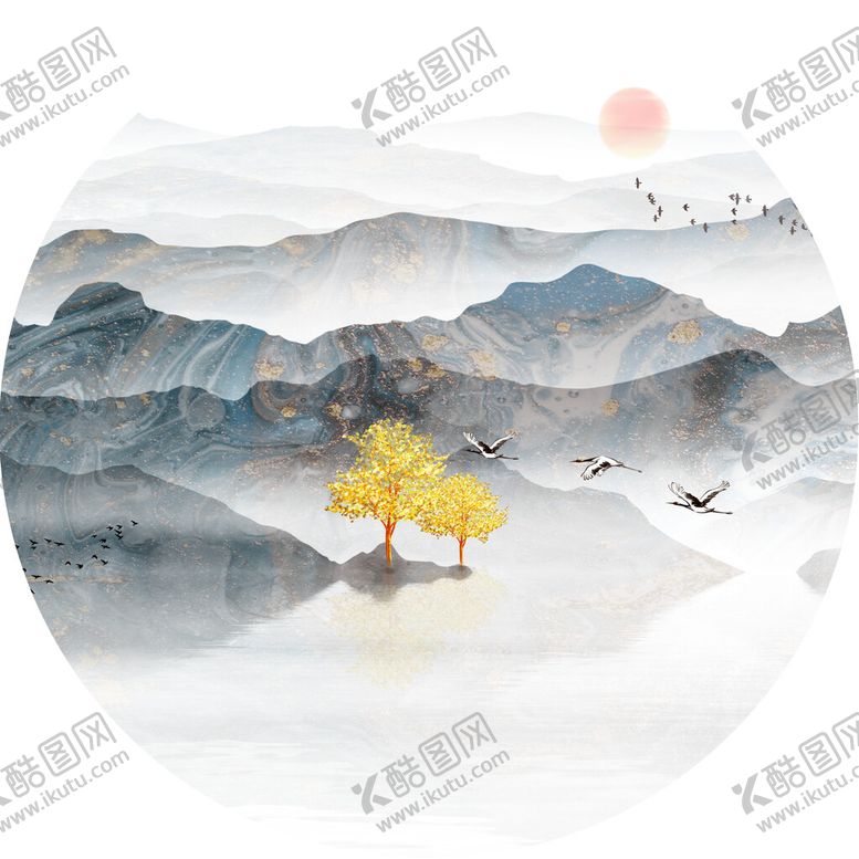 编号：89570309190350087268【酷图网】源文件下载-水墨山脉圆形挂画装饰画