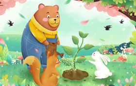 手绘松鼠小熊兔子插画图片