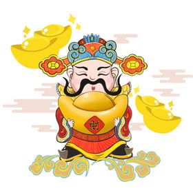 新年卡通老虎财神拜年打鼓插画