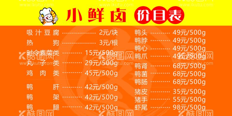 编号：33723412202221595049【酷图网】源文件下载-小鲜卤价格表