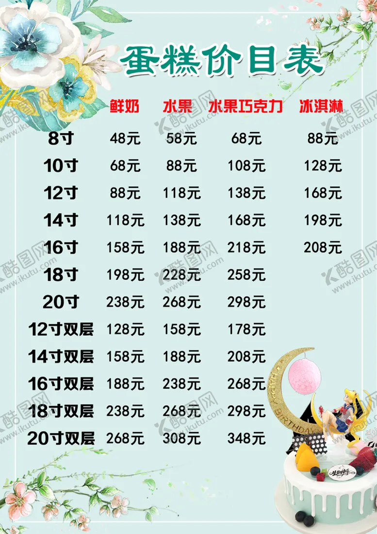 编号：75106309240423412065【酷图网】源文件下载-蛋糕价目表