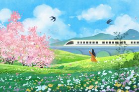 春日田野旁的高铁与佳人