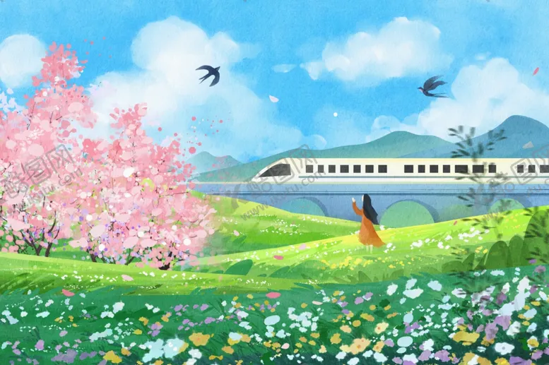 编号：33452404101201534174【酷图网】源文件下载-春日田野旁的高铁与佳人