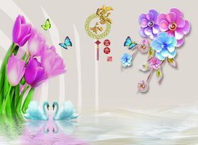 浮雕花郁金香天鹅背景墙