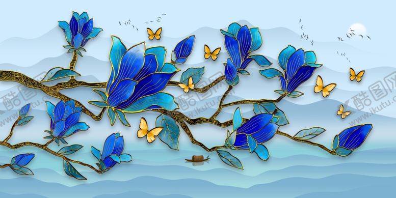 编号：15326409261549478526【酷图网】源文件下载-3D立体玉兰花卉蝴蝶
