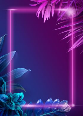 霓虹发光热带植物方框光线背景