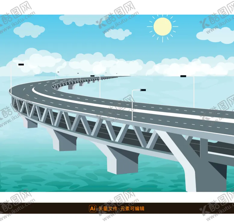 编号：25187309120220294532【酷图网】源文件下载-跨海大桥矢量插画桥梁海上公路