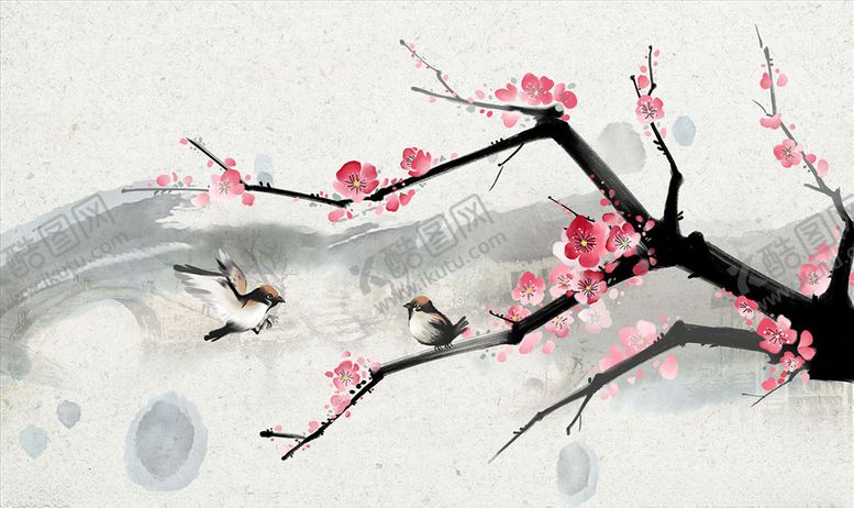 编号：33870205190330288506【酷图网】源文件下载-水墨画梅花背景墙