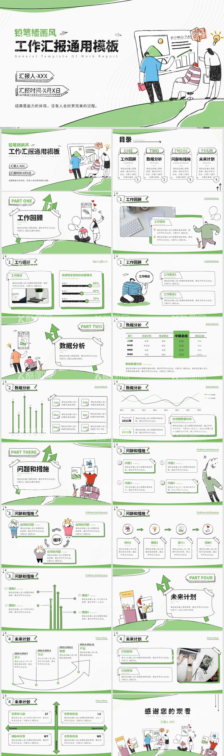 编号：49070211160810416694【酷图网】源文件下载-绿色铅笔插画风工作汇报ppt 