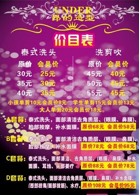 理发店价目表