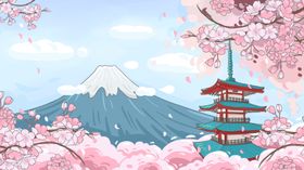 日本富士山地标城市插画卡通背景
