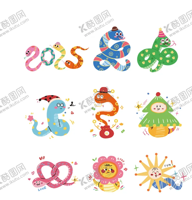 编号：52579101121544168896【酷图网】源文件下载-蛇年卡通插画贴纸