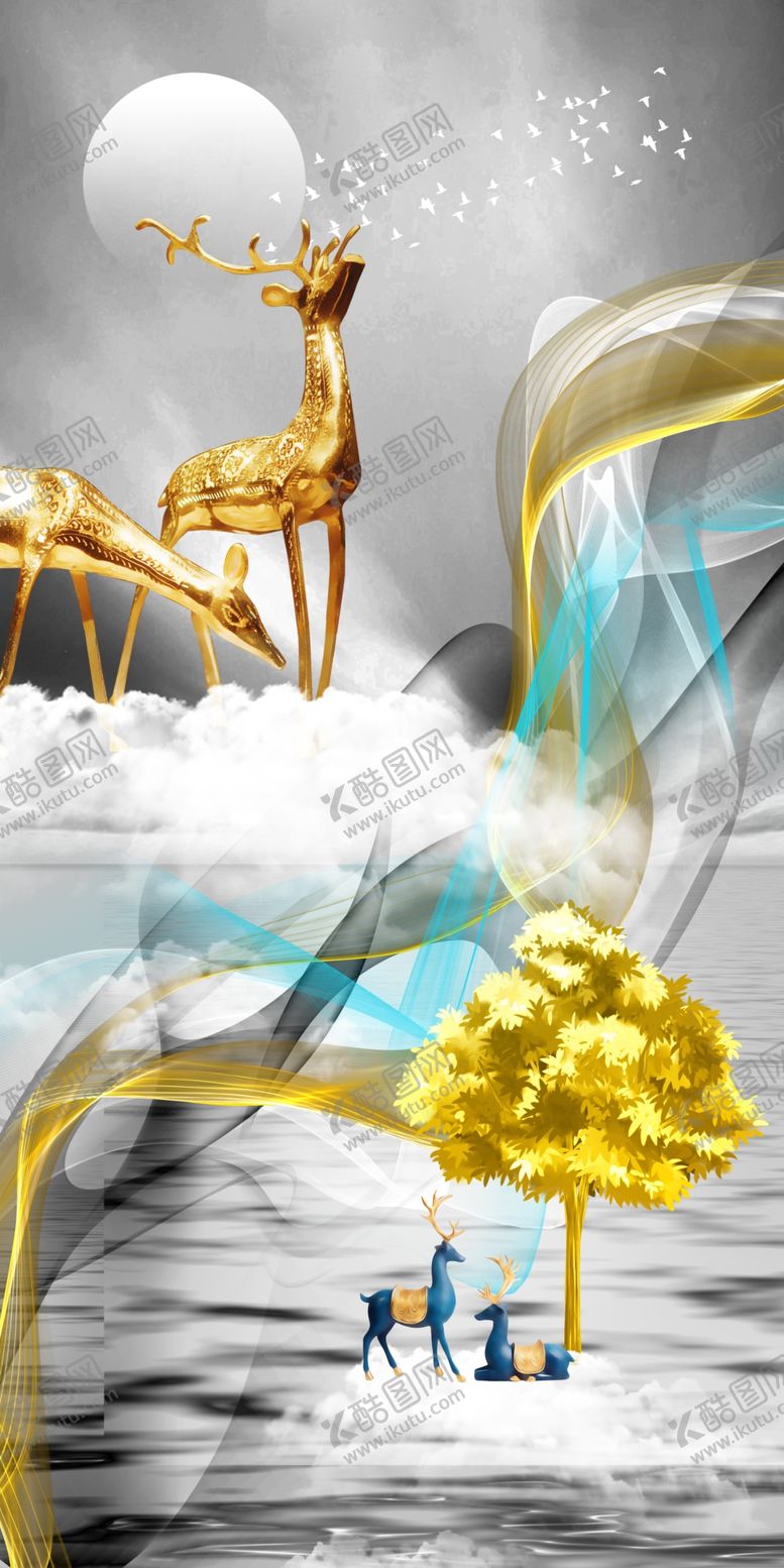 编号：74410705110820392283【酷图网】源文件下载-新中式麋鹿装饰画