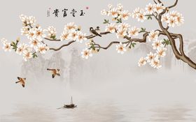 花鸟画小船太阳背景墙