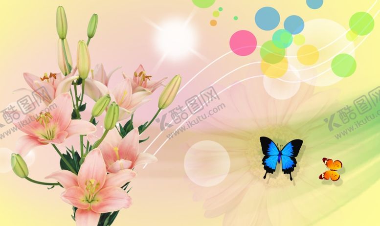 编号：70153509230808523845【酷图网】源文件下载-郁金香百合花化蝶彩色背景墙壁纸