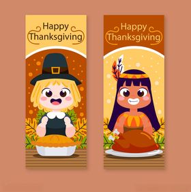 感恩节卡通角色与火鸡海报