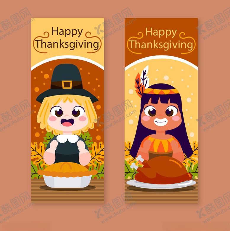 编号：58624604082028406434【酷图网】源文件下载-感恩节卡通角色与火鸡海报
