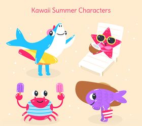 4款可爱夏季表情动物矢量图